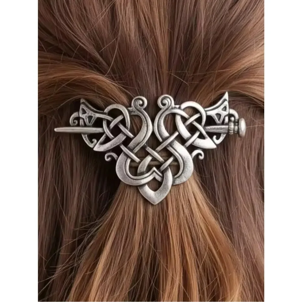 Silver Tone Viking Celtic Knot Hair Slide Barrette Medieval Norse Pin